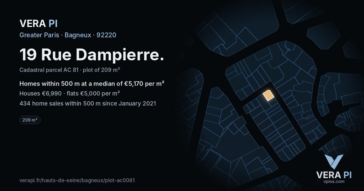 19 Rue Dampierre, Bagneux at night – the plot lit, the parcels around coloured by the prices near them