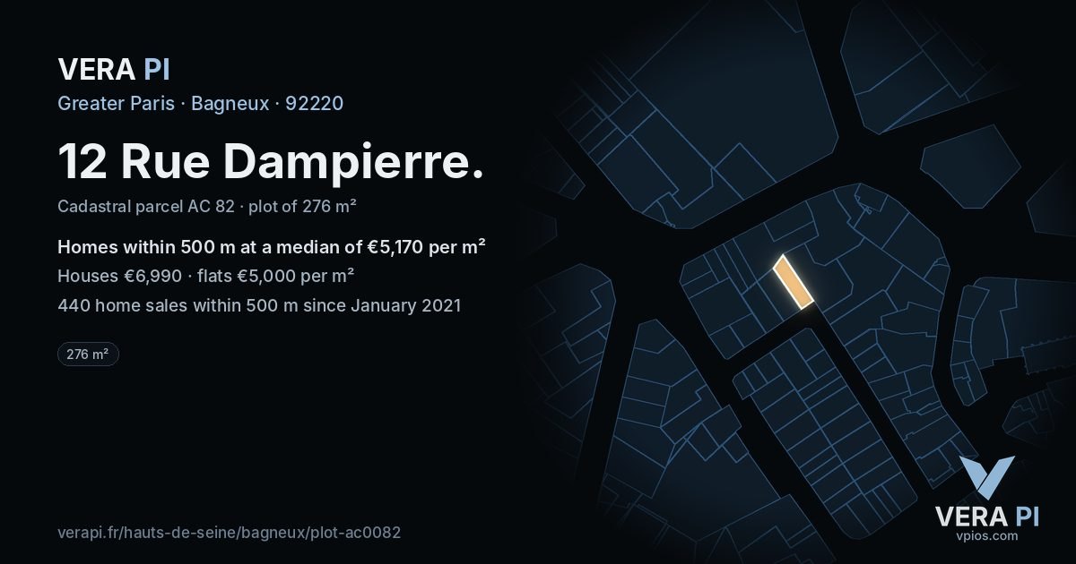 12 Rue Dampierre, Bagneux at night – the plot lit, the parcels around coloured by the prices near them