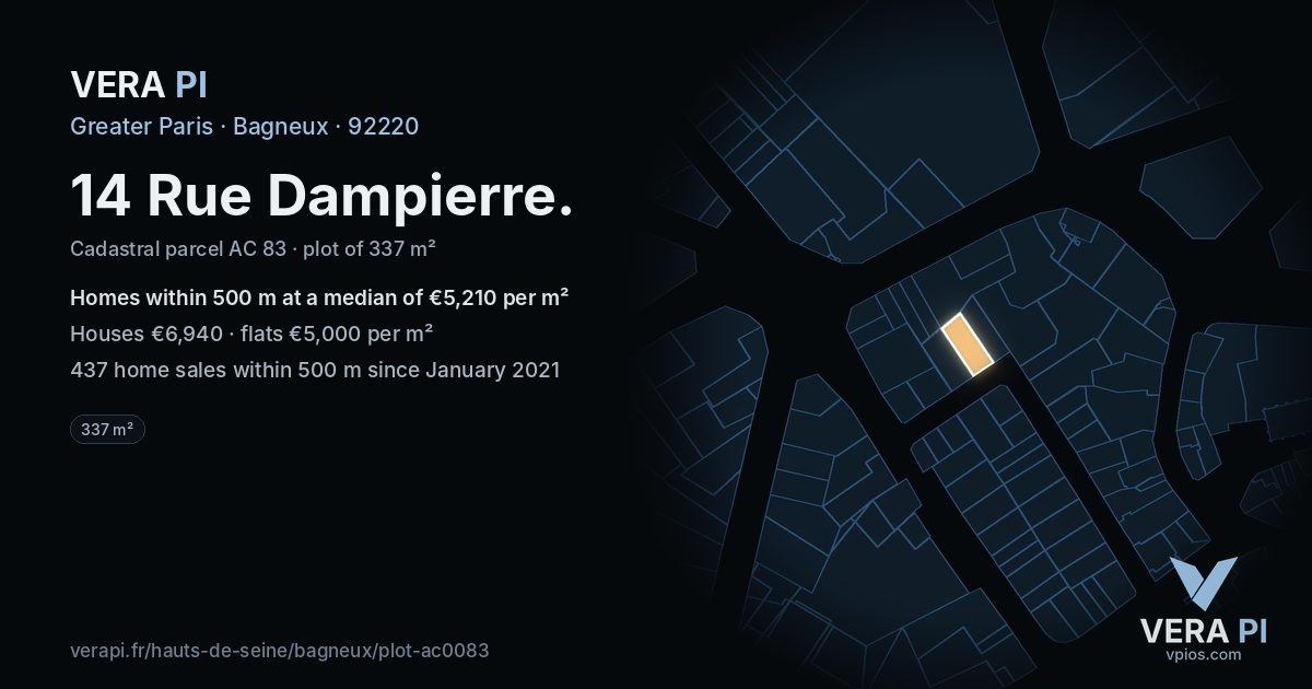 14 Rue Dampierre, Bagneux at night – the plot lit, the parcels around coloured by the prices near them