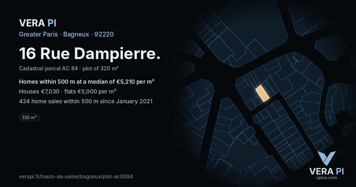 16 Rue Dampierre, Bagneux at night – the plot lit, the parcels around coloured by the prices near them