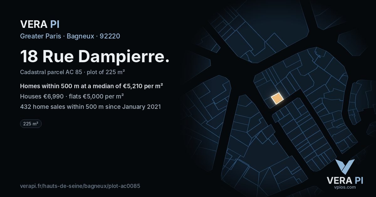 18 Rue Dampierre, Bagneux at night – the plot lit, the parcels around coloured by the prices near them