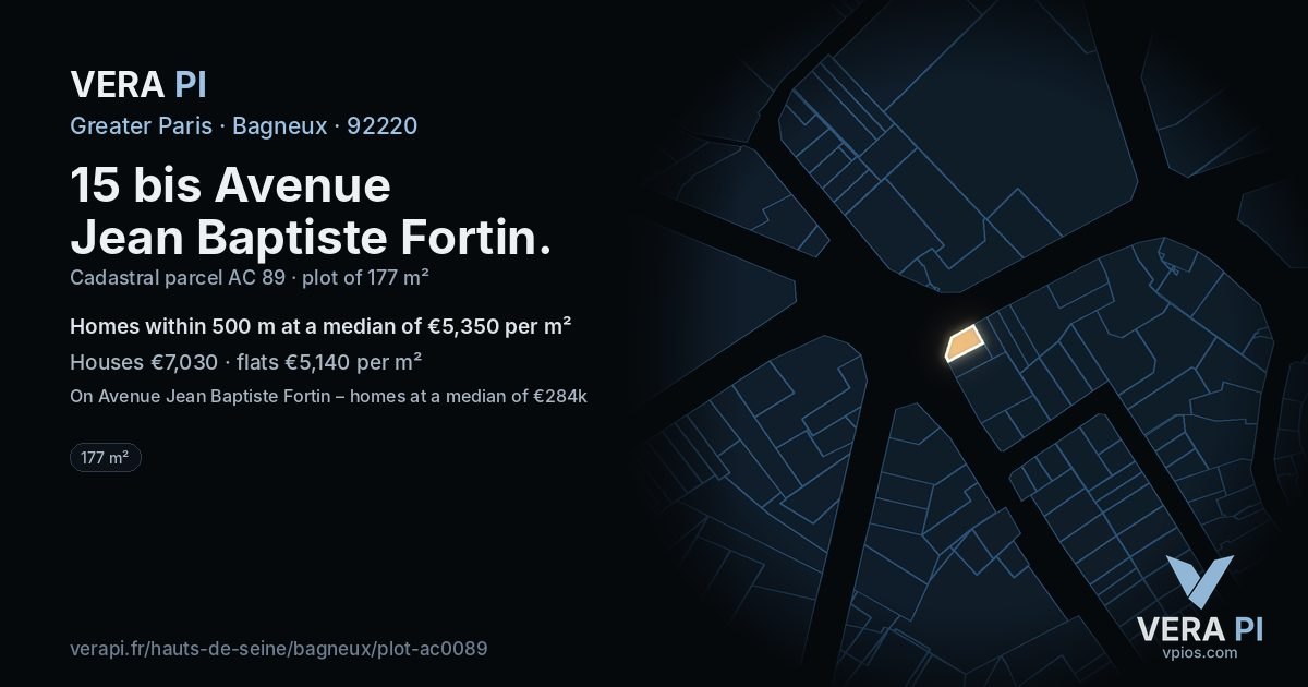 15 bis Avenue Jean Baptiste Fortin, Bagneux at night – the plot lit, the parcels around coloured by the prices near them