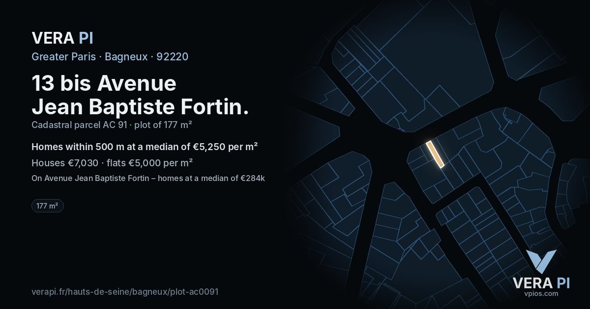13 bis Avenue Jean Baptiste Fortin, Bagneux at night – the plot lit, the parcels around coloured by the prices near them