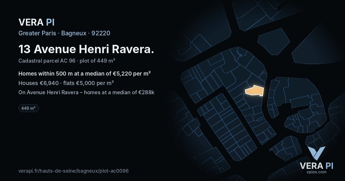 13 Avenue Henri Ravera, Bagneux at night – the plot lit, the parcels around coloured by the prices near them