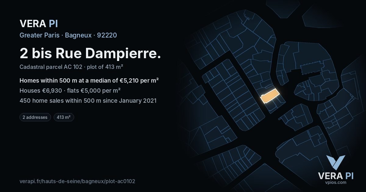 2 bis Rue Dampierre, Bagneux at night – the plot lit, the parcels around coloured by the prices near them