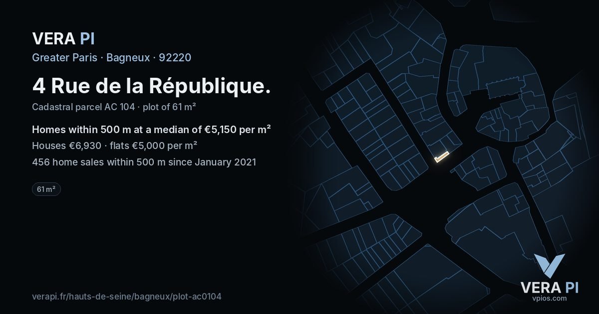4 Rue de la République, Bagneux at night – the plot lit, the parcels around coloured by the prices near them