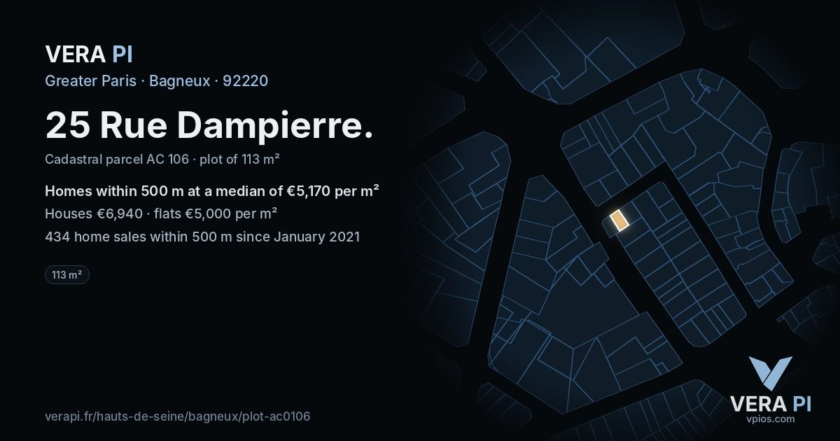 25 Rue Dampierre, Bagneux at night – the plot lit, the parcels around coloured by the prices near them