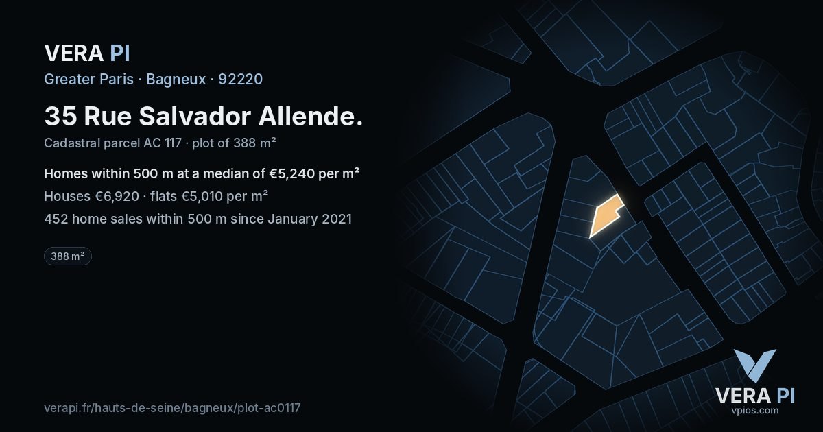 35 Rue Salvador Allende, Bagneux at night – the plot lit, the parcels around coloured by the prices near them