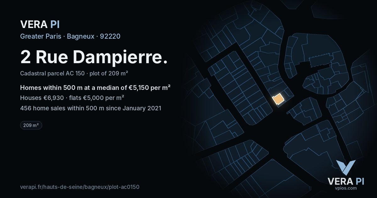 2 Rue Dampierre, Bagneux at night – the plot lit, the parcels around coloured by the prices near them