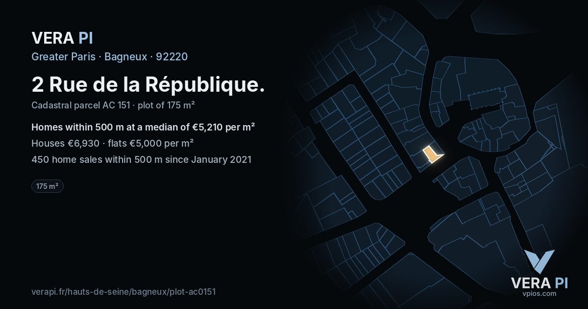 2 Rue de la République, Bagneux at night – the plot lit, the parcels around coloured by the prices near them