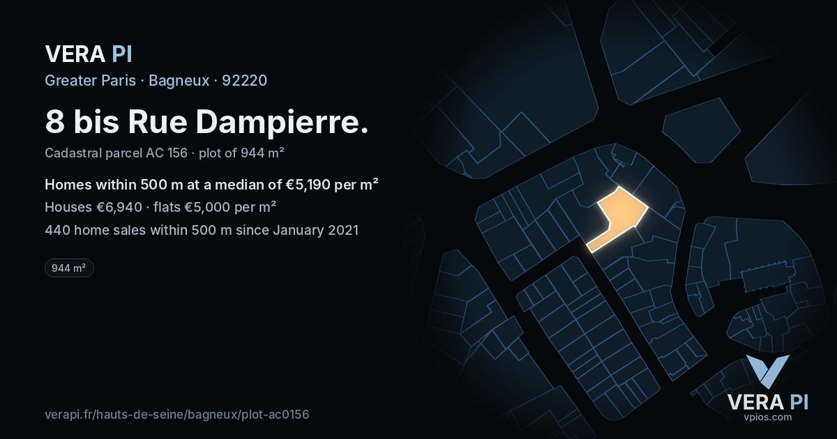 8 bis Rue Dampierre, Bagneux at night – the plot lit, the parcels around coloured by the prices near them