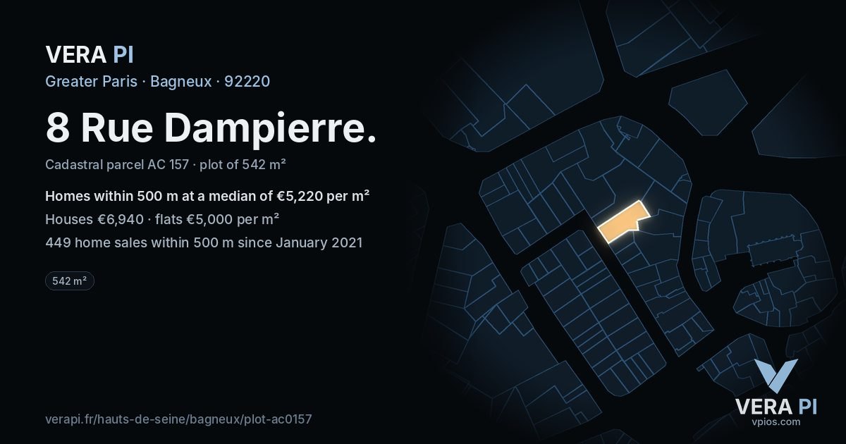 8 Rue Dampierre, Bagneux at night – the plot lit, the parcels around coloured by the prices near them