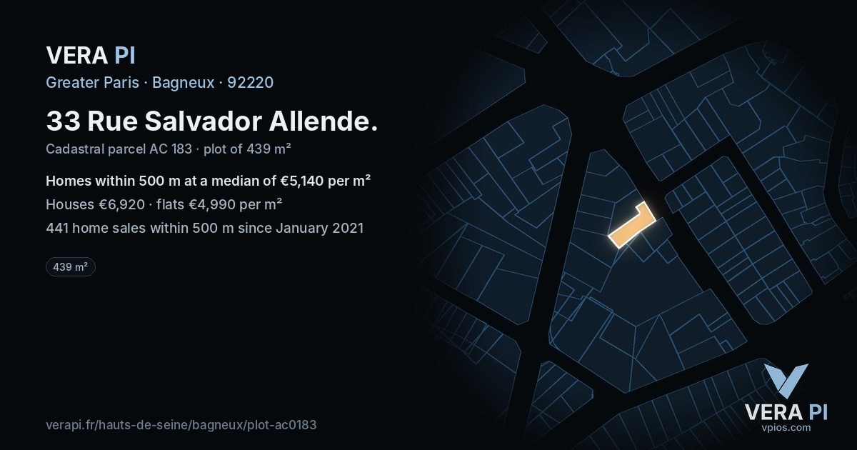 33 Rue Salvador Allende, Bagneux at night – the plot lit, the parcels around coloured by the prices near them