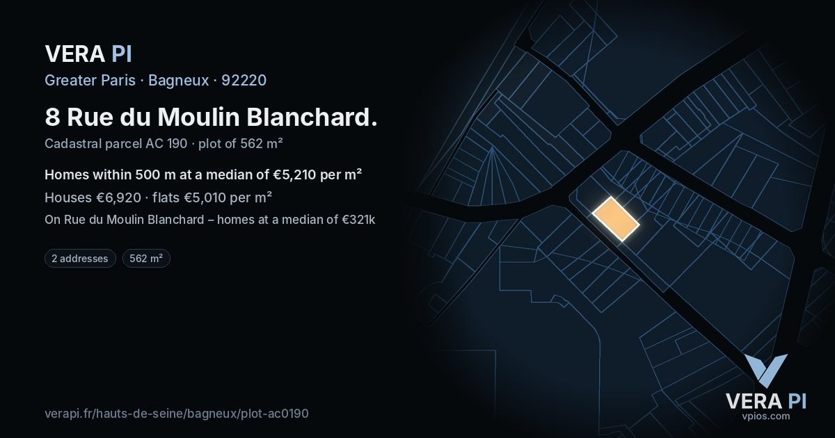8 Rue du Moulin Blanchard, Bagneux at night – the plot lit, the parcels around coloured by the prices near them