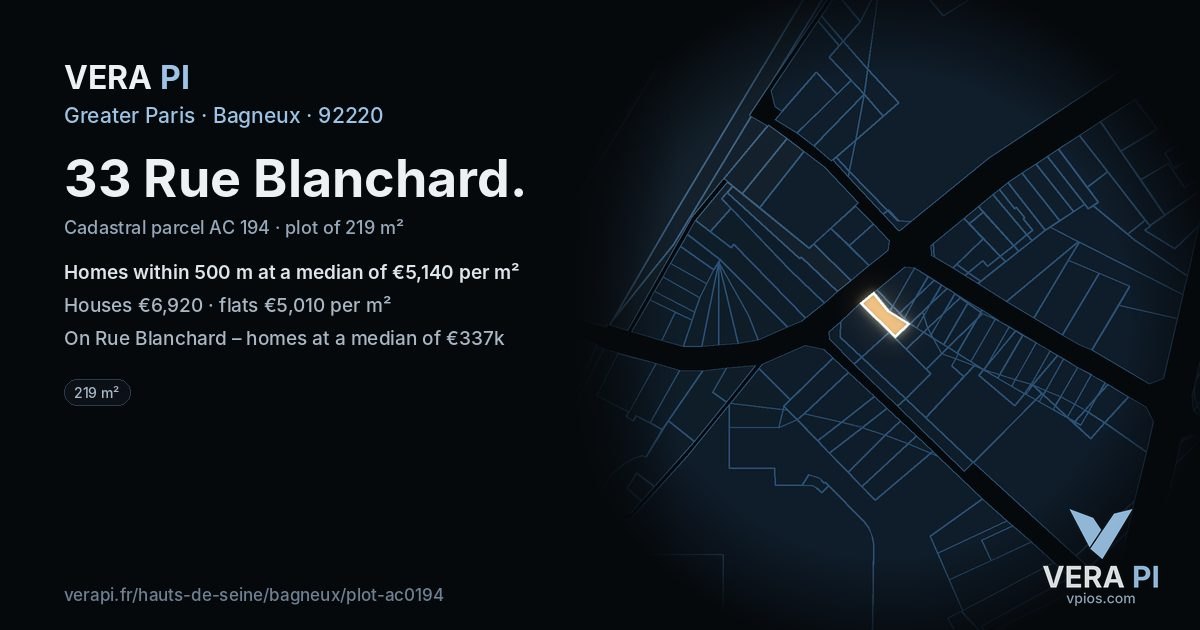 33 Rue Blanchard, Bagneux at night – the plot lit, the parcels around coloured by the prices near them
