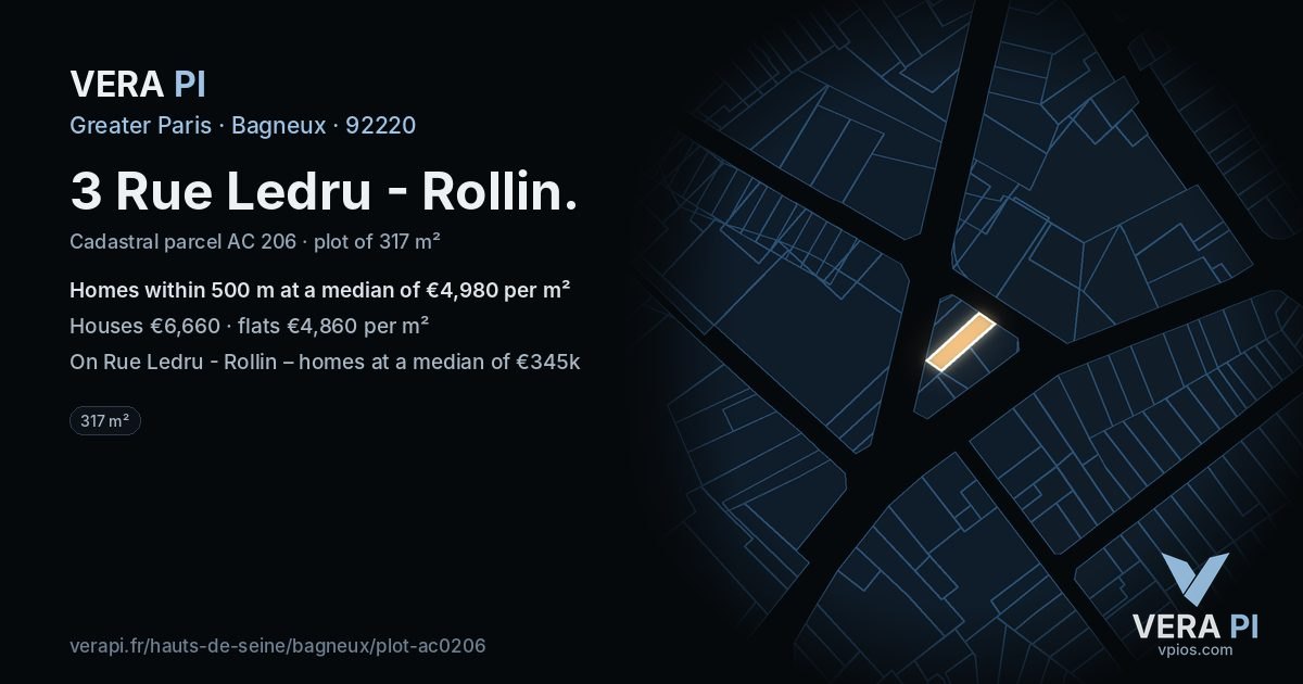 3 Rue Ledru - Rollin, Bagneux at night – the plot lit, the parcels around coloured by the prices near them