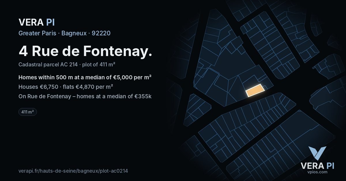 4 Rue de Fontenay, Bagneux at night – the plot lit, the parcels around coloured by the prices near them