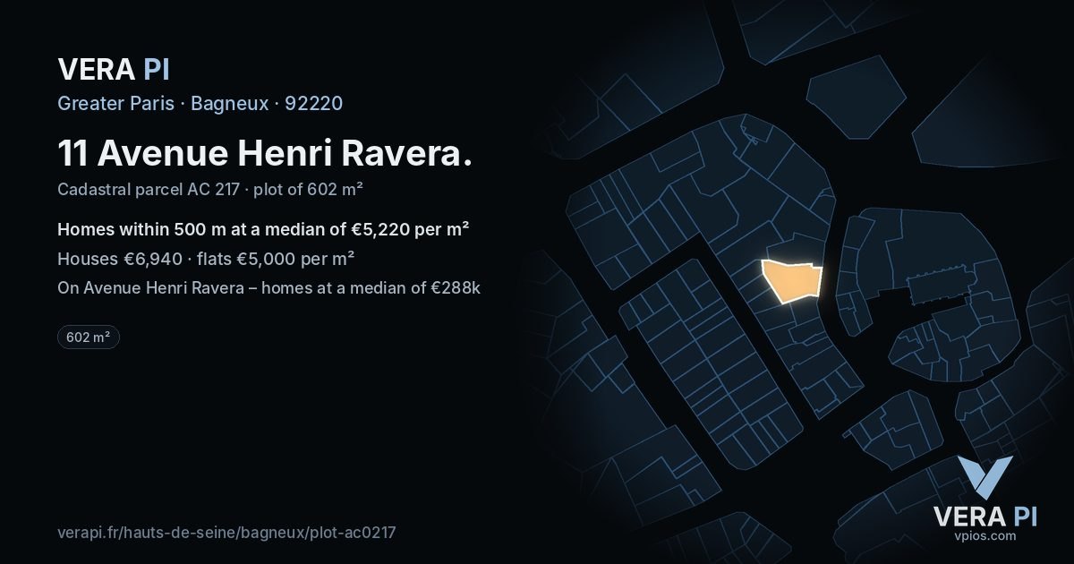 11 Avenue Henri Ravera, Bagneux at night – the plot lit, the parcels around coloured by the prices near them