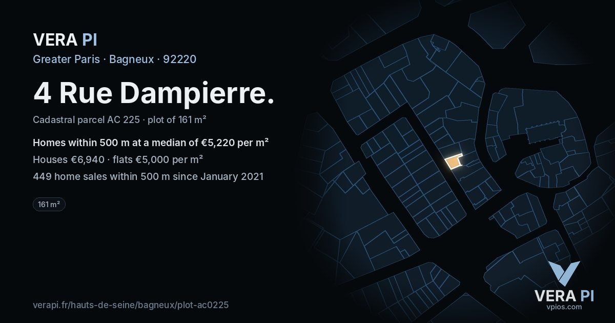 4 Rue Dampierre, Bagneux at night – the plot lit, the parcels around coloured by the prices near them