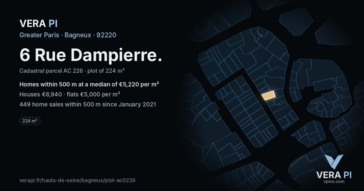 6 Rue Dampierre, Bagneux at night – the plot lit, the parcels around coloured by the prices near them