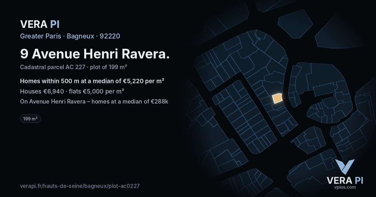 9 Avenue Henri Ravera, Bagneux at night – the plot lit, the parcels around coloured by the prices near them