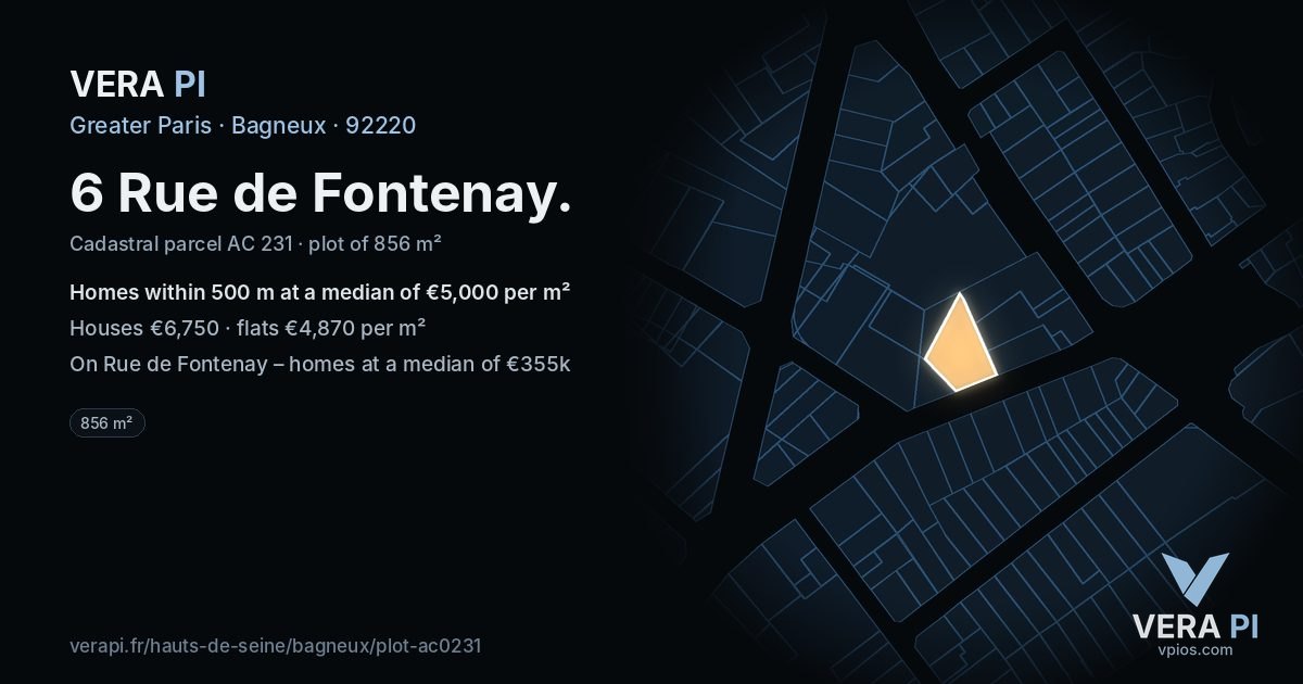 6 Rue de Fontenay, Bagneux at night – the plot lit, the parcels around coloured by the prices near them