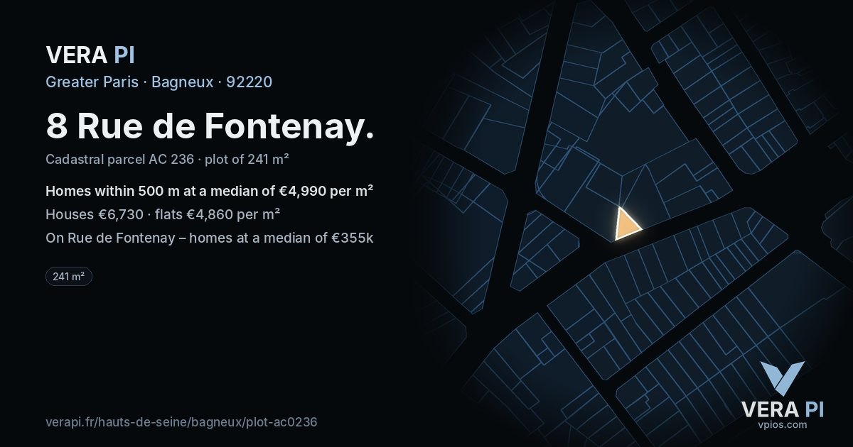8 Rue de Fontenay, Bagneux at night – the plot lit, the parcels around coloured by the prices near them