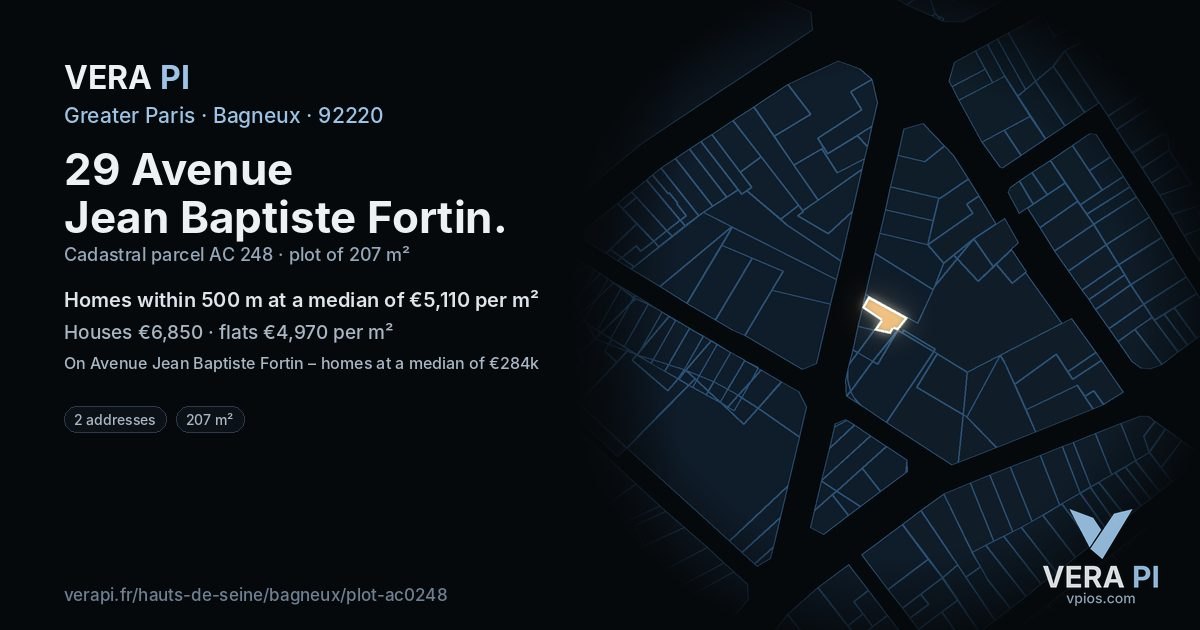 29 Avenue Jean Baptiste Fortin, Bagneux at night – the plot lit, the parcels around coloured by the prices near them