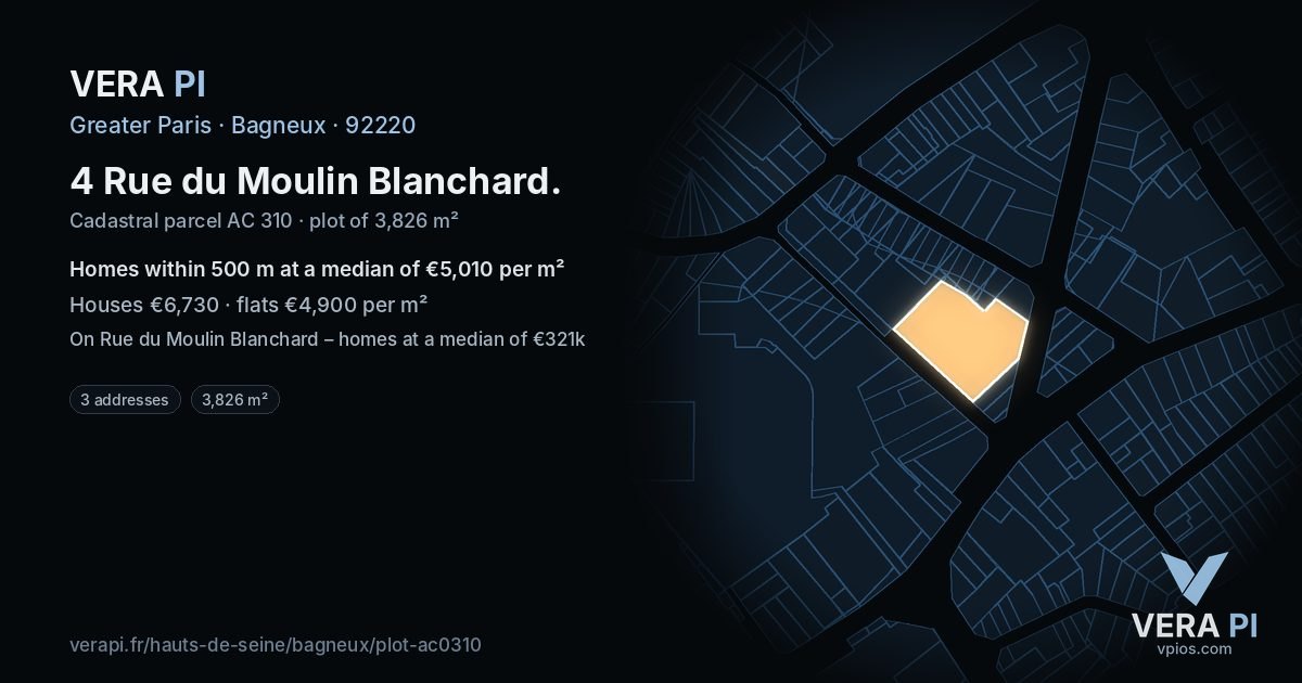 4 Rue du Moulin Blanchard, Bagneux at night – the plot lit, the parcels around coloured by the prices near them