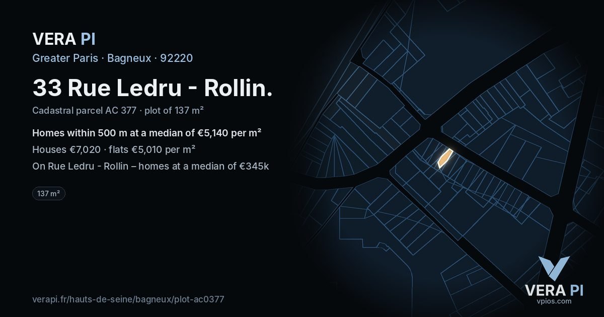 33 Rue Ledru - Rollin, Bagneux at night – the plot lit, the parcels around coloured by the prices near them