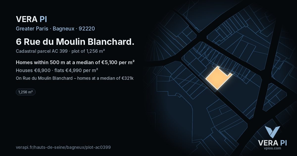 6 Rue du Moulin Blanchard, Bagneux at night – the plot lit, the parcels around coloured by the prices near them