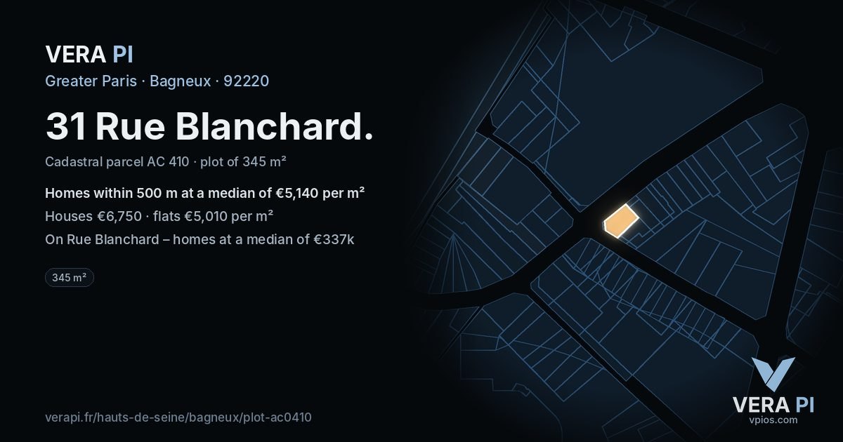 31 Rue Blanchard, Bagneux at night – the plot lit, the parcels around coloured by the prices near them