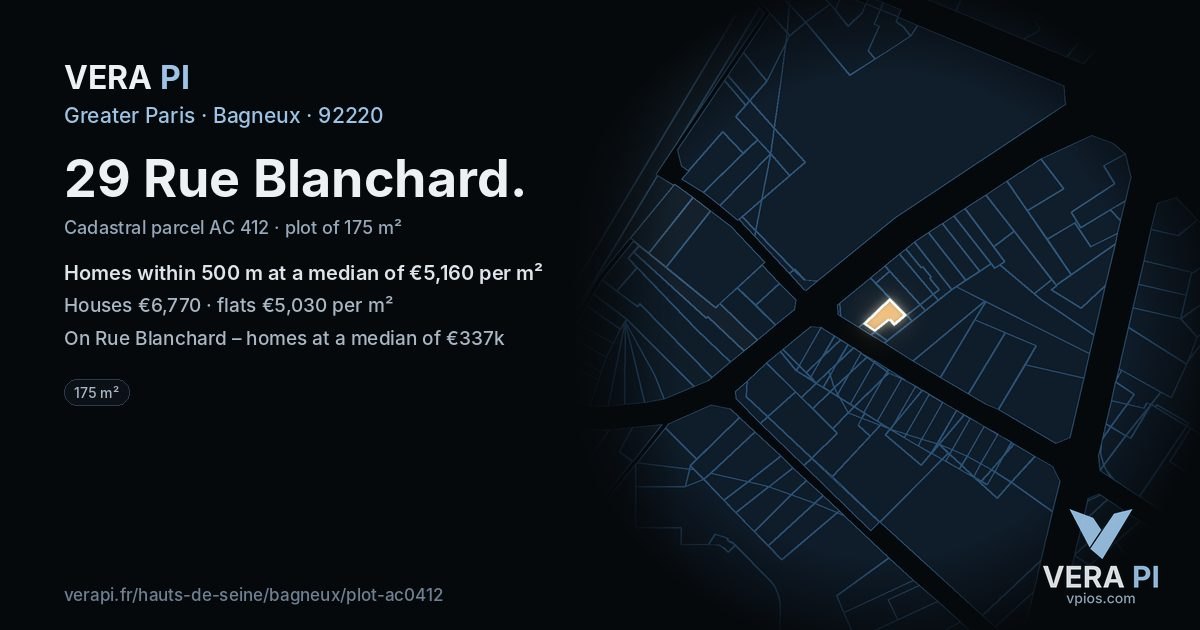 29 Rue Blanchard, Bagneux at night – the plot lit, the parcels around coloured by the prices near them