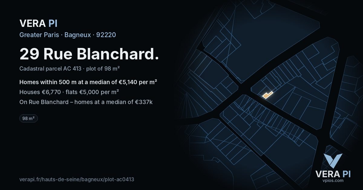 29 Rue Blanchard, Bagneux at night – the plot lit, the parcels around coloured by the prices near them