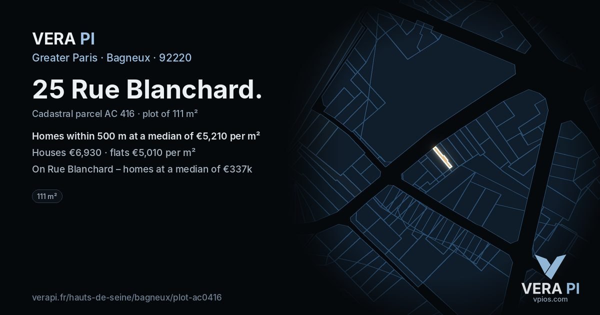 25 Rue Blanchard, Bagneux at night – the plot lit, the parcels around coloured by the prices near them