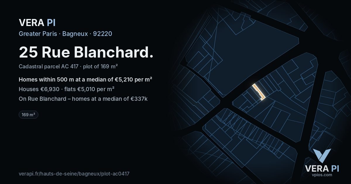 25 Rue Blanchard, Bagneux at night – the plot lit, the parcels around coloured by the prices near them