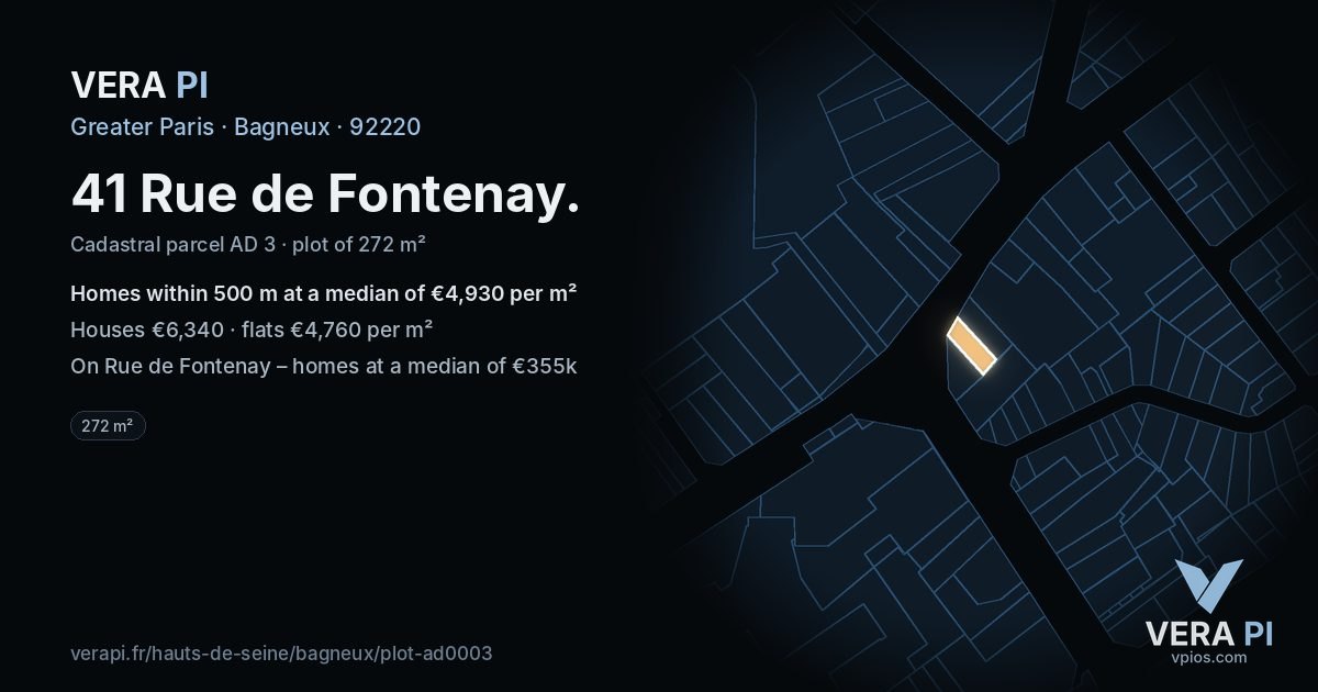 41 Rue de Fontenay, Bagneux at night – the plot lit, the parcels around coloured by the prices near them