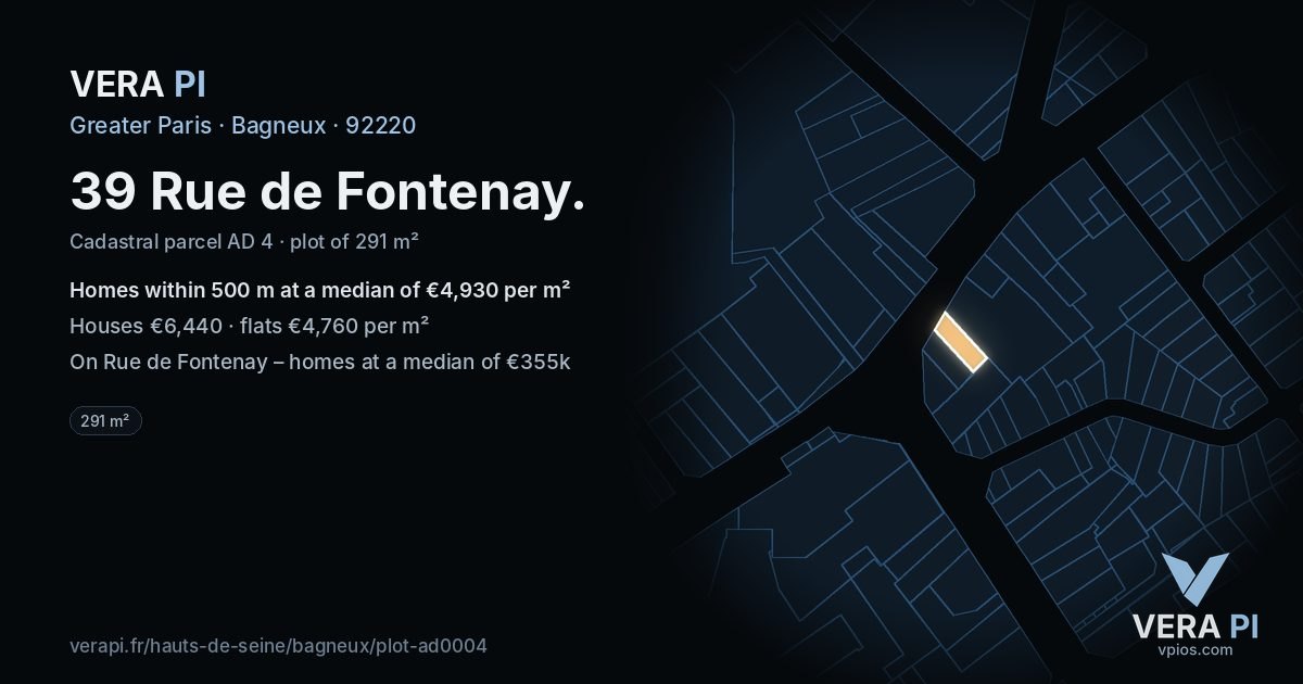 39 Rue de Fontenay, Bagneux at night – the plot lit, the parcels around coloured by the prices near them