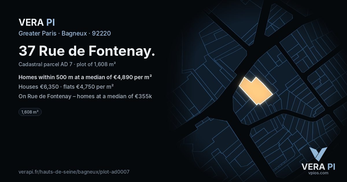 37 Rue de Fontenay, Bagneux at night – the plot lit, the parcels around coloured by the prices near them