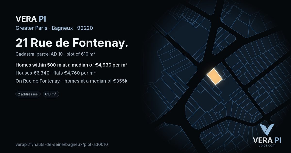 21 Rue de Fontenay, Bagneux at night – the plot lit, the parcels around coloured by the prices near them