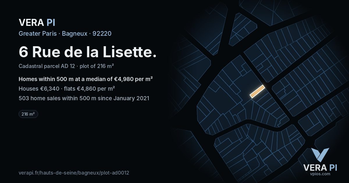 6 Rue de la Lisette, Bagneux at night – the plot lit, the parcels around coloured by the prices near them