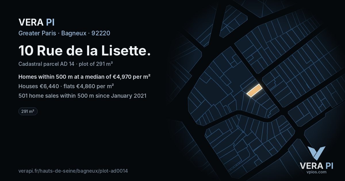 10 Rue de la Lisette, Bagneux at night – the plot lit, the parcels around coloured by the prices near them