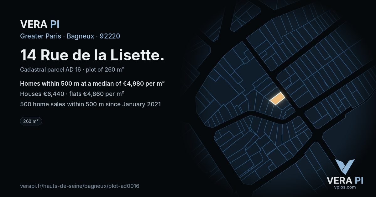 14 Rue de la Lisette, Bagneux at night – the plot lit, the parcels around coloured by the prices near them