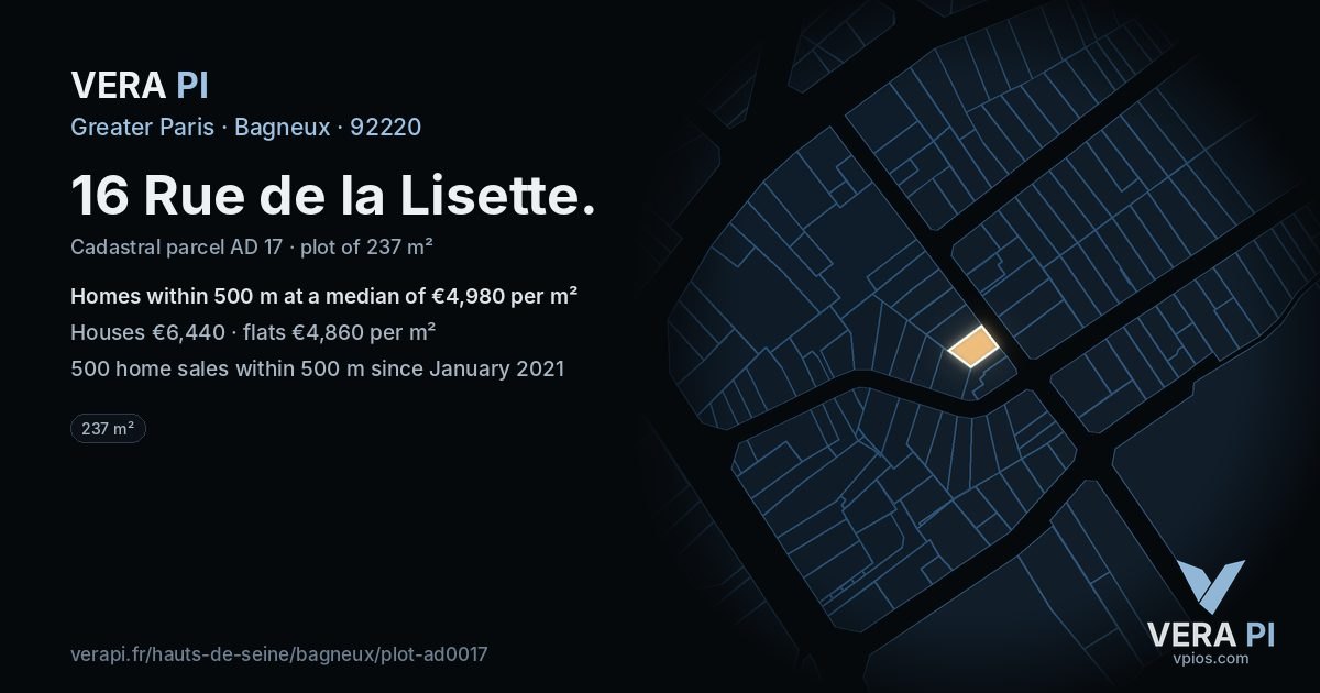 16 Rue de la Lisette, Bagneux at night – the plot lit, the parcels around coloured by the prices near them
