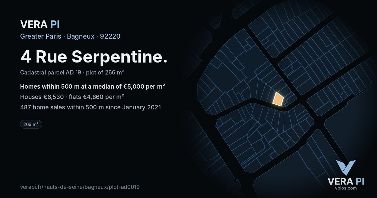 4 Rue Serpentine, Bagneux at night – the plot lit, the parcels around coloured by the prices near them