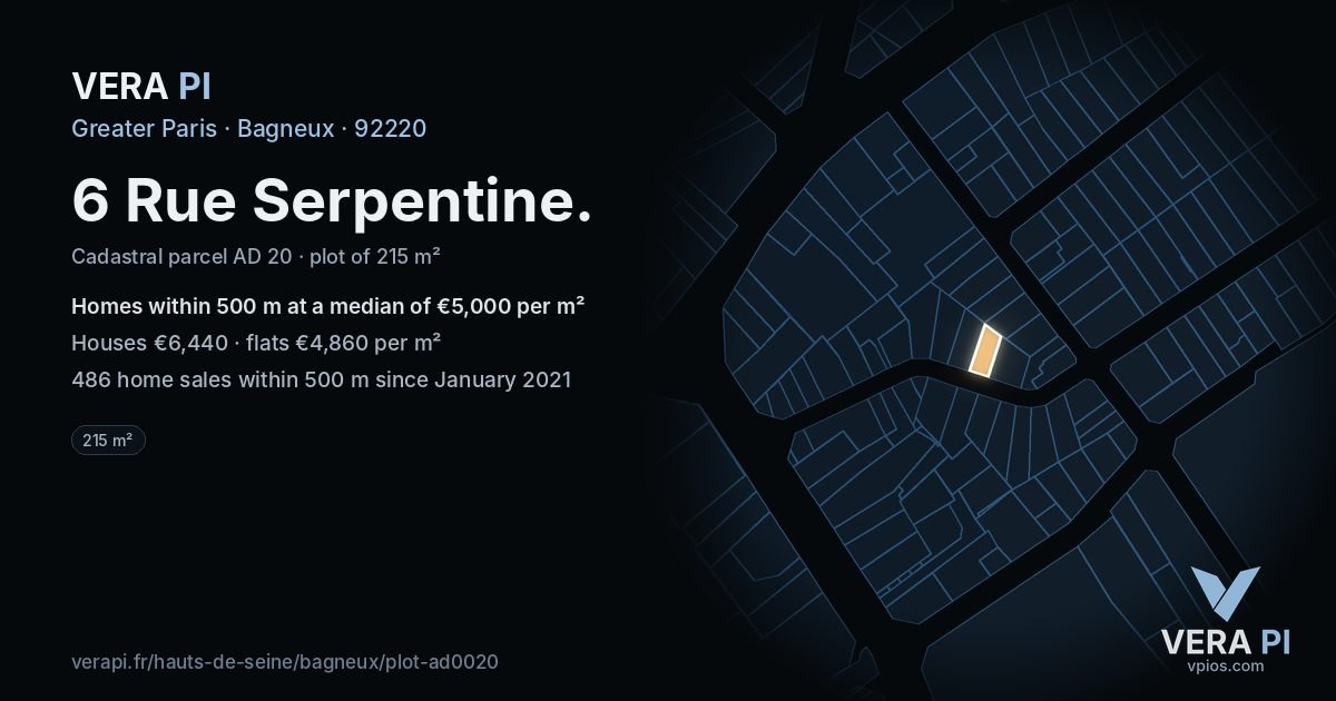 6 Rue Serpentine, Bagneux at night – the plot lit, the parcels around coloured by the prices near them