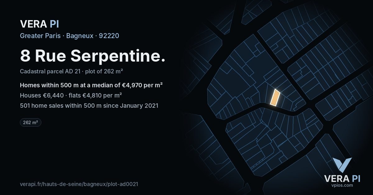 8 Rue Serpentine, Bagneux at night – the plot lit, the parcels around coloured by the prices near them