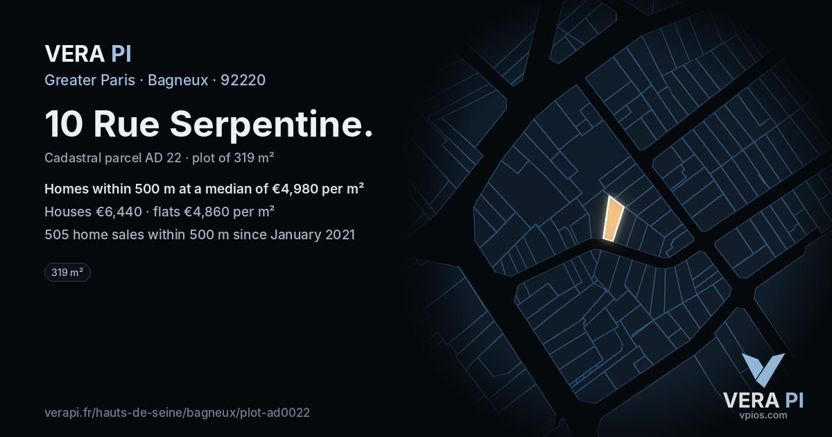 10 Rue Serpentine, Bagneux at night – the plot lit, the parcels around coloured by the prices near them