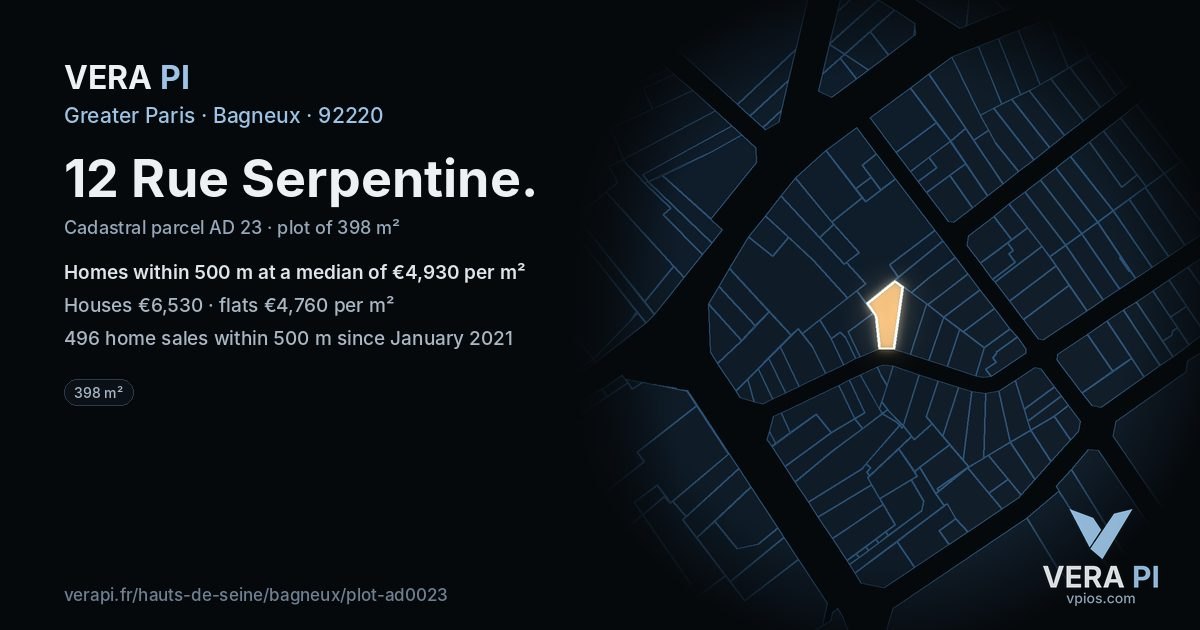 12 Rue Serpentine, Bagneux at night – the plot lit, the parcels around coloured by the prices near them