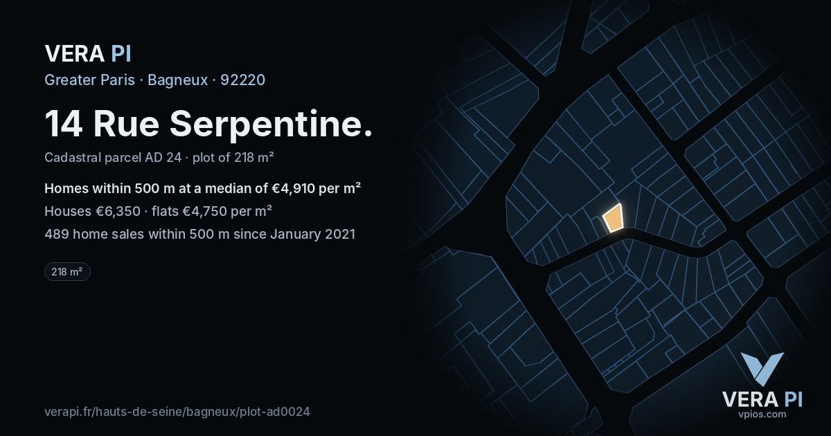 14 Rue Serpentine, Bagneux at night – the plot lit, the parcels around coloured by the prices near them